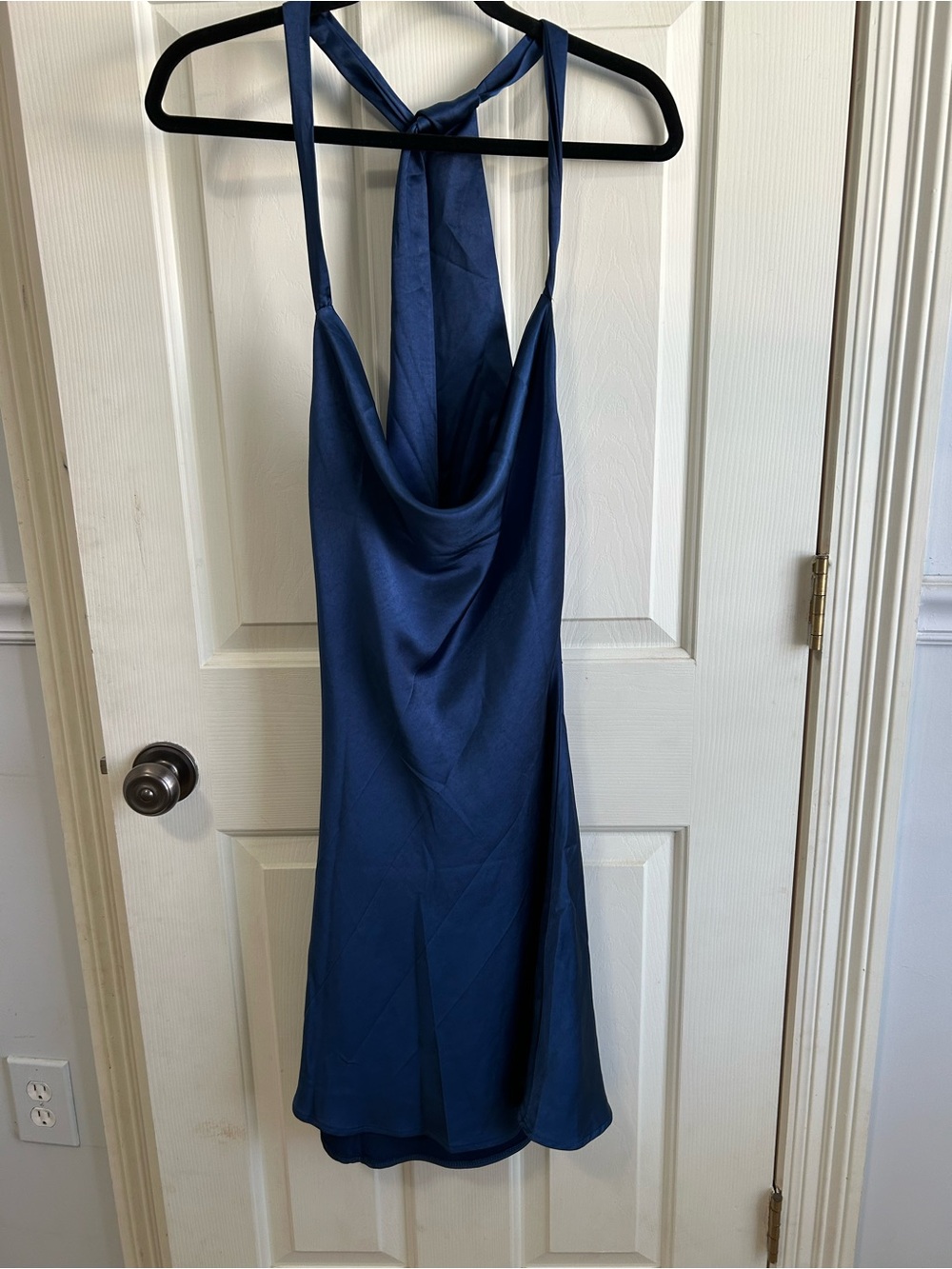 NWOT Altar'd State Navy Blue Satin Halter tie Backless Slip Dress Size Small